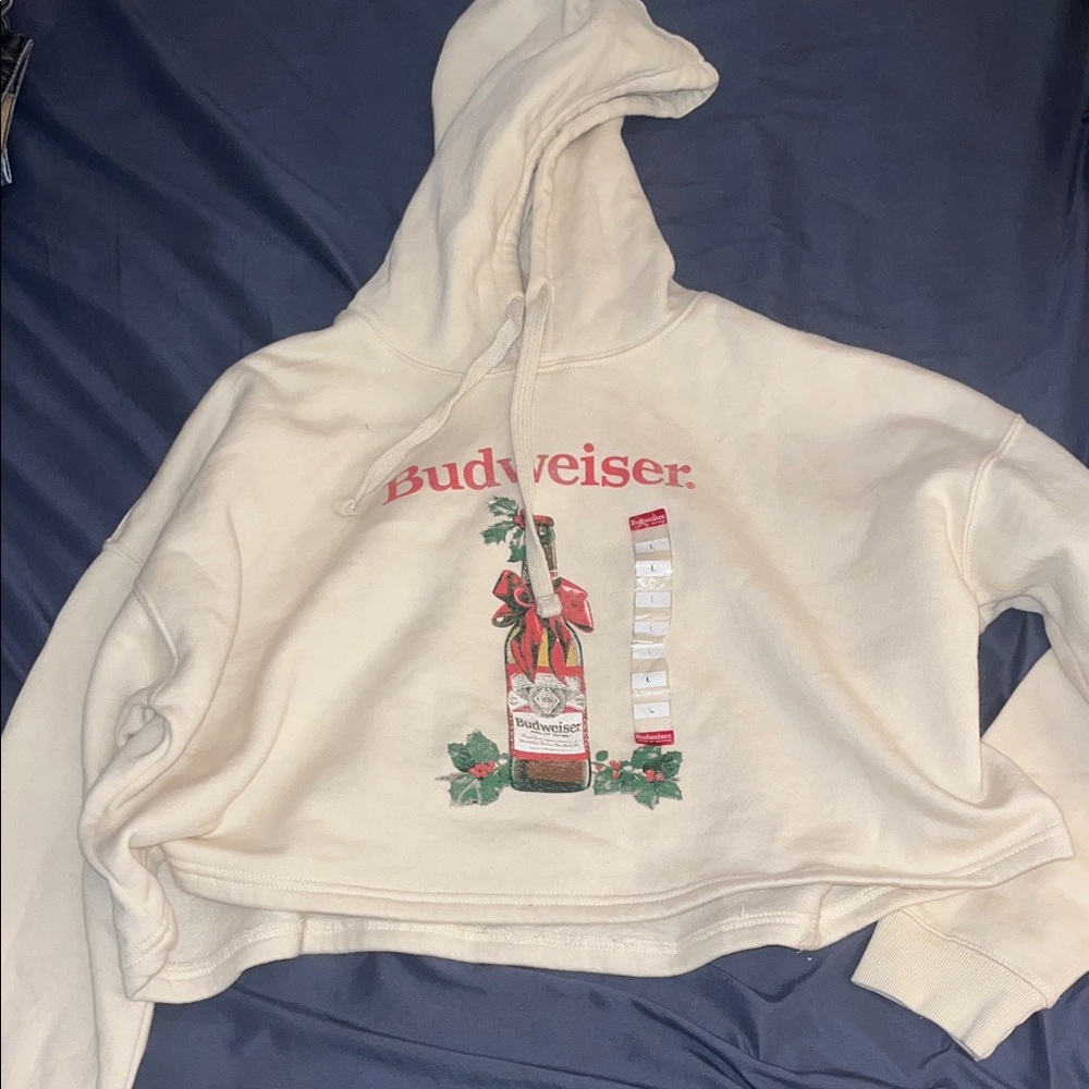 Budweiser Cream Cropped Hoodie with Bottle Graphic